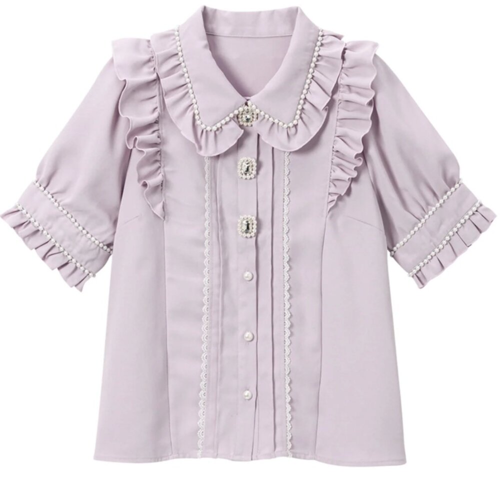 Dear My Love Purple Lavender Pearl Collar Gemstone Ruffle Blouse